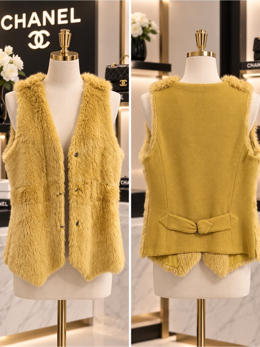 CHANEL Vintage 1997 97A Yellow Rabbit Fur Wool Vest Karl Lagerfeld FR 38 |